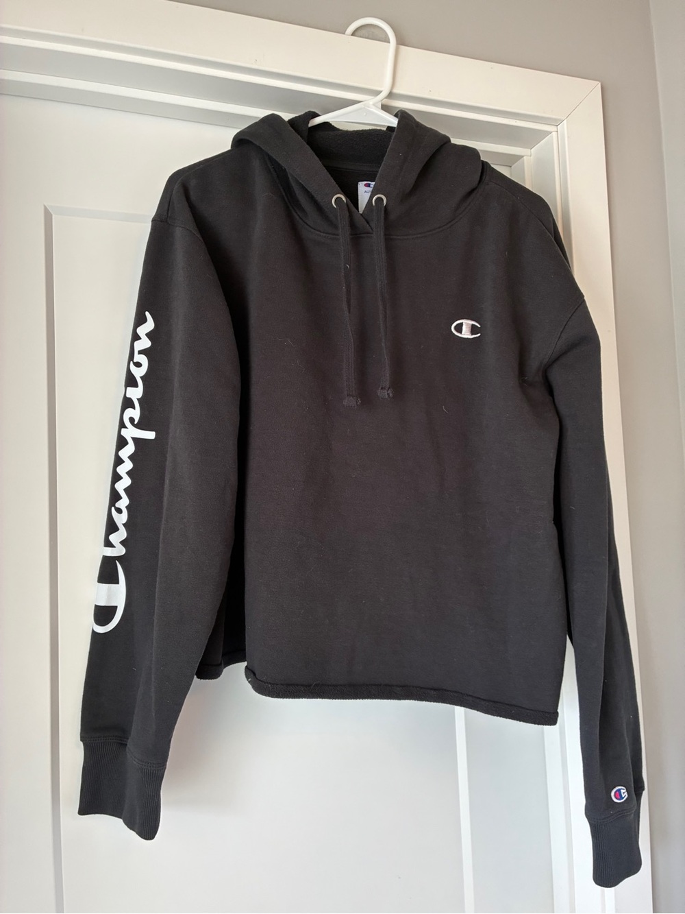 Champion Black Cropped Hoodie with White Logo Sleeve
